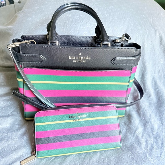 Kate Spade Staci Wrapping Paper Stripe Satchel + Matching Zip Wallet Black
